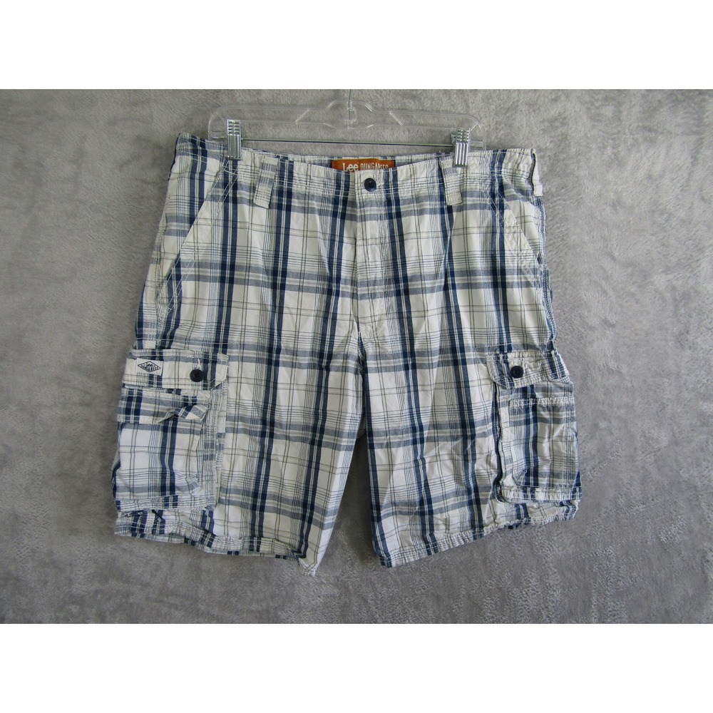 Lee Dungarees Cargo Shorts Mens 36 White Blue Plaid Cotton Relaxed Fit Excellent